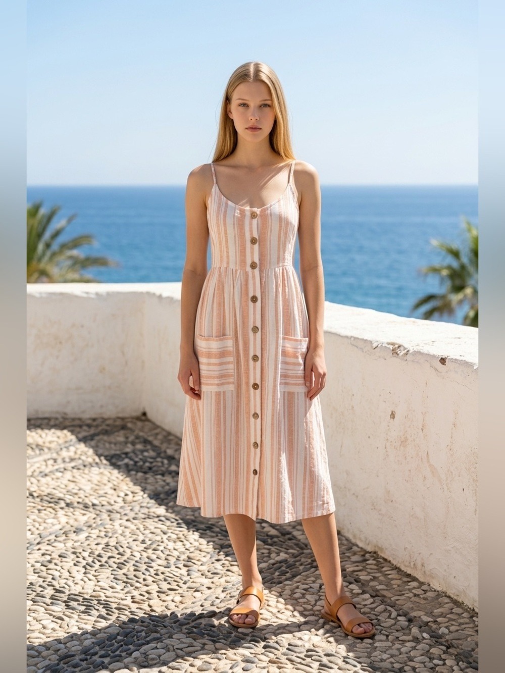 Roxy Peach and White Striped Button-Front Midi Dress size XS - Picture 2 of 11